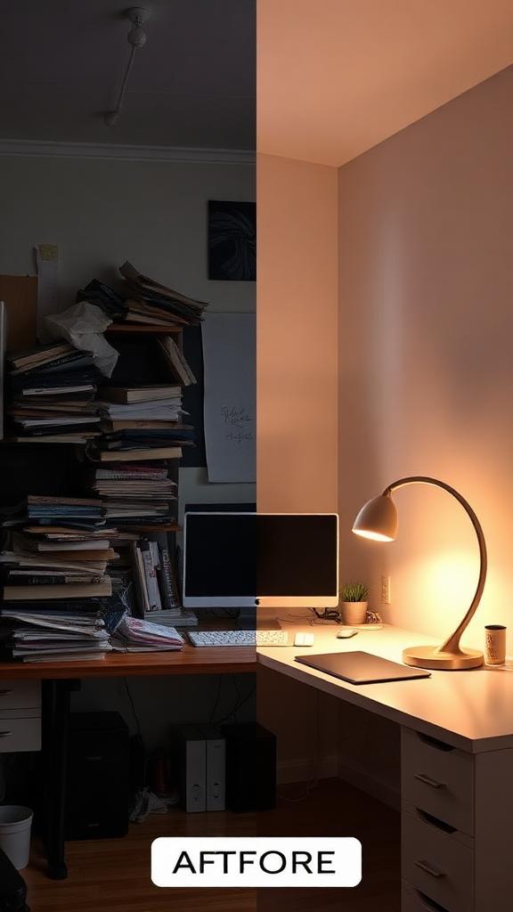 AI UGC video — desk before & after split